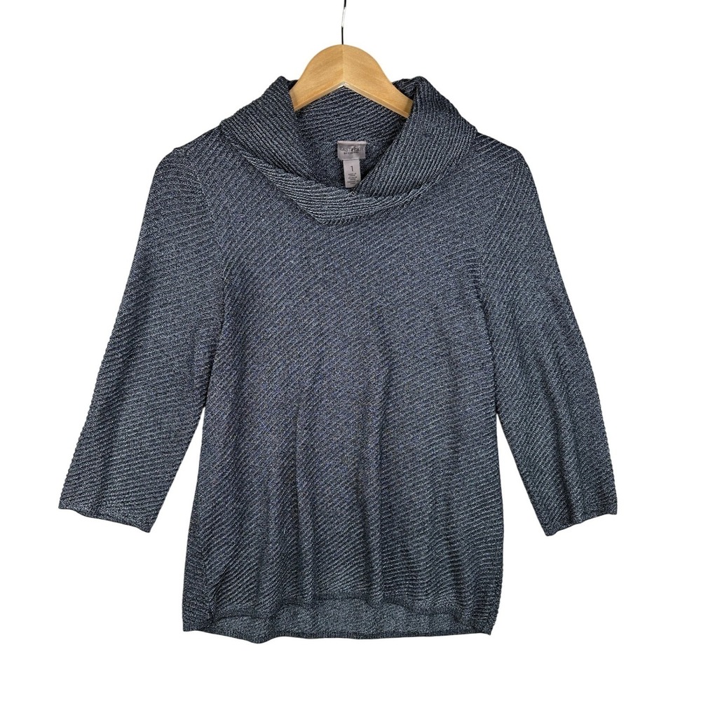 Chico's Woman's Easywear Blue Metallic Pullover Sweater Size 1 US M Size 8 Cowl